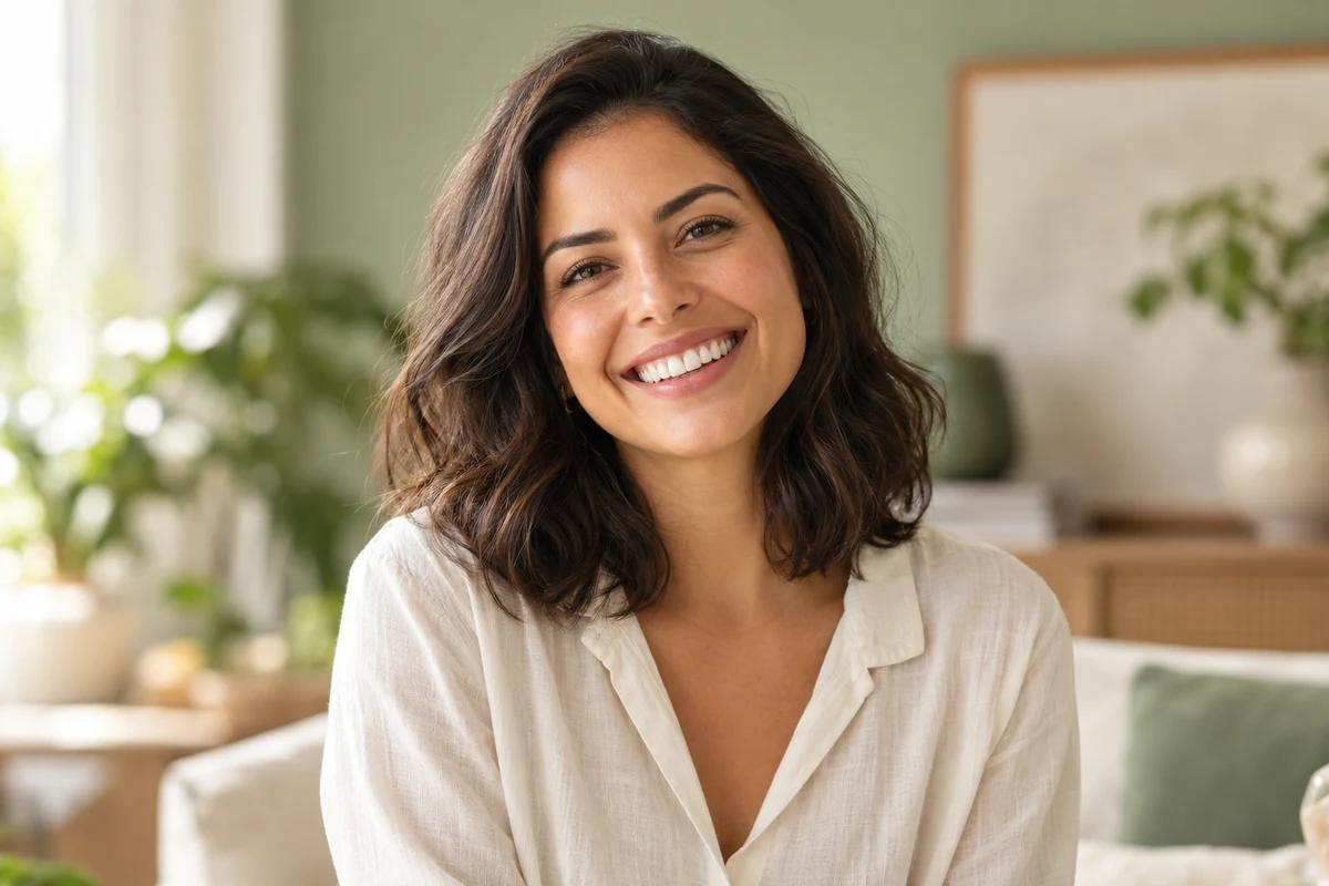 Retrato ilustrativo de uma mulher com um sorriso natural, em um ambiente acolhedor.